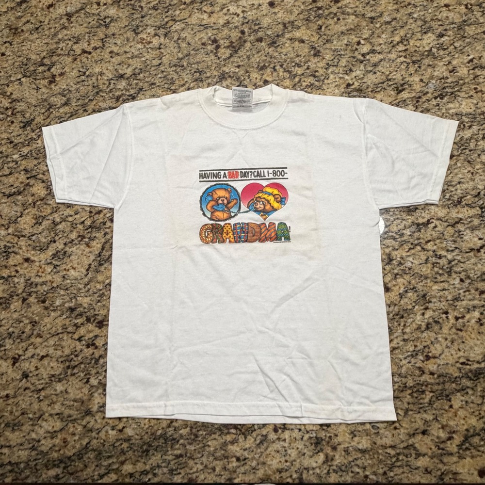 Vintage 2000 Jerzees Kids White 1-800-Grandma Bear Graphic T-Shirt Size L v